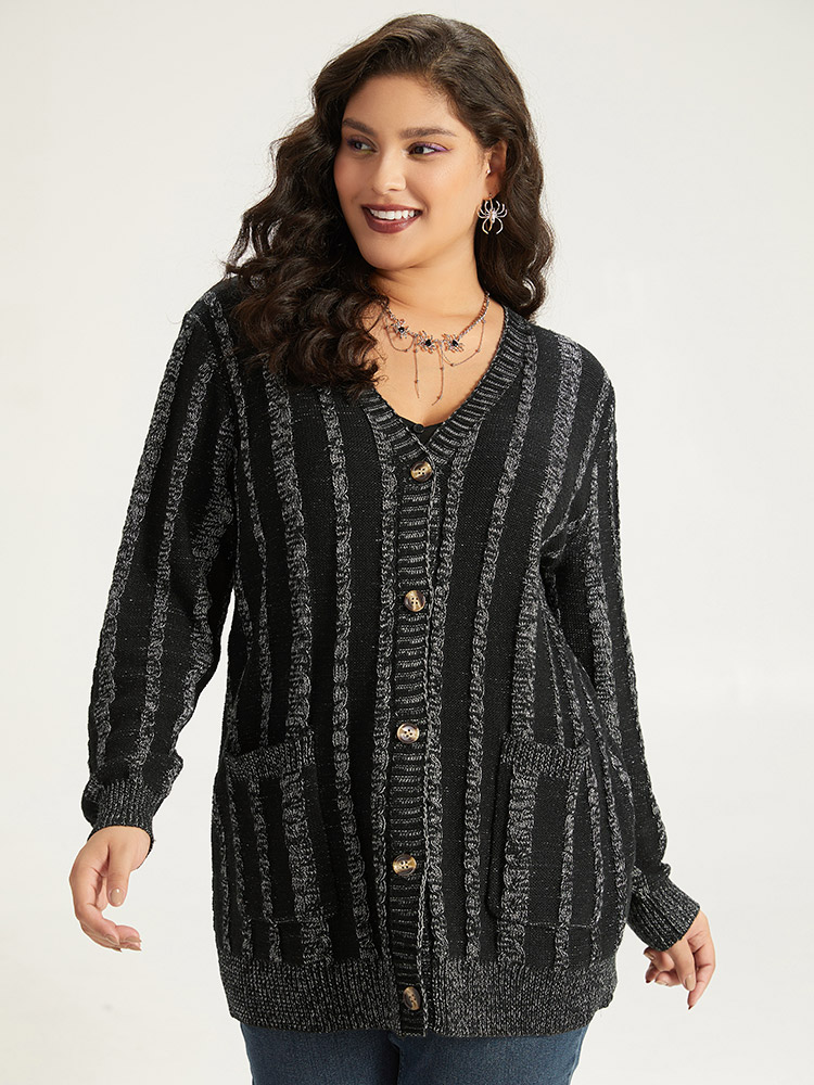 Plus Size Halloween Striped Patched Pocket Button Up Cardigan Black Women Casual Loose Long Sleeve Festival-Halloween Cardigans BloomChic 18-20/2X 