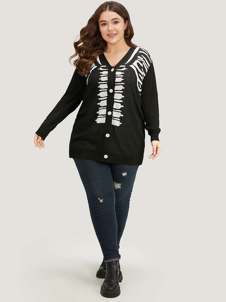 

Plus Size Halloween Skull Print Slightly Stretchy Cardigan Black Women Casual Loose Long Sleeve Festival-Halloween Cardigans BloomChic