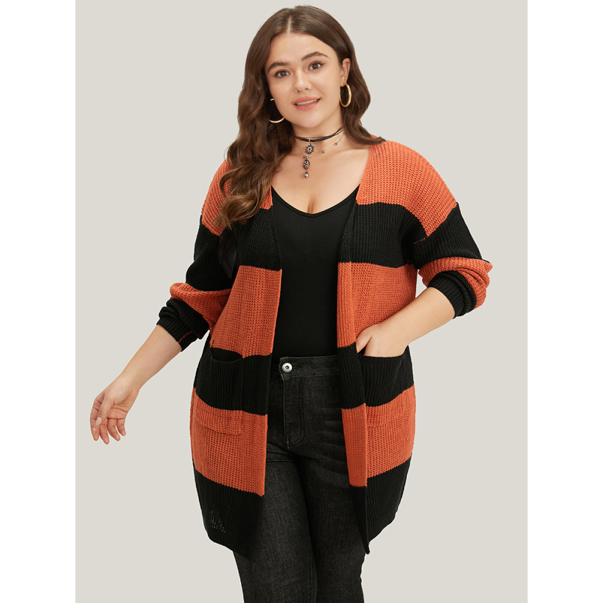 

Plus Size Halloween Colorblock Patched Pocket Tunic Cardigan Chocolate Women Casual Loose Long Sleeve Festival-Halloween Cardigans BloomChic