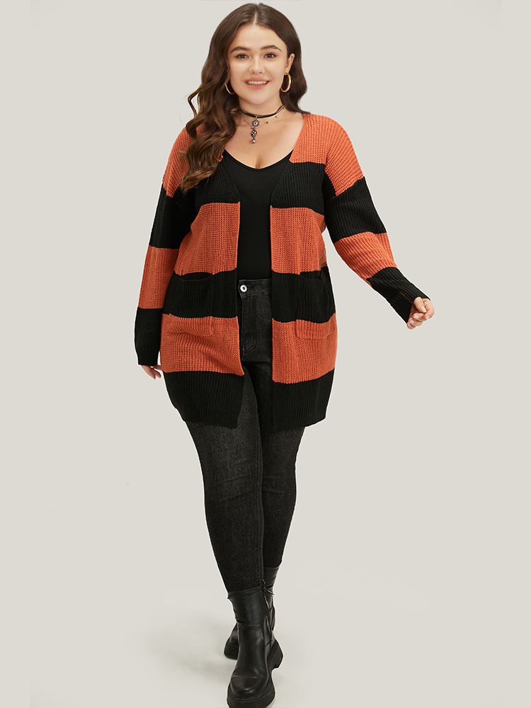 

Plus Size Halloween Colorblock Patched Pocket Tunic Cardigan Chocolate Women Casual Loose Long Sleeve Festival-Halloween Cardigans BloomChic