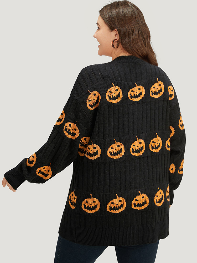 

Plus Size Halloween Pumpkin Graphic Open Front Cardigan Black Women Casual Loose Long Sleeve Festival-Halloween Cardigans BloomChic