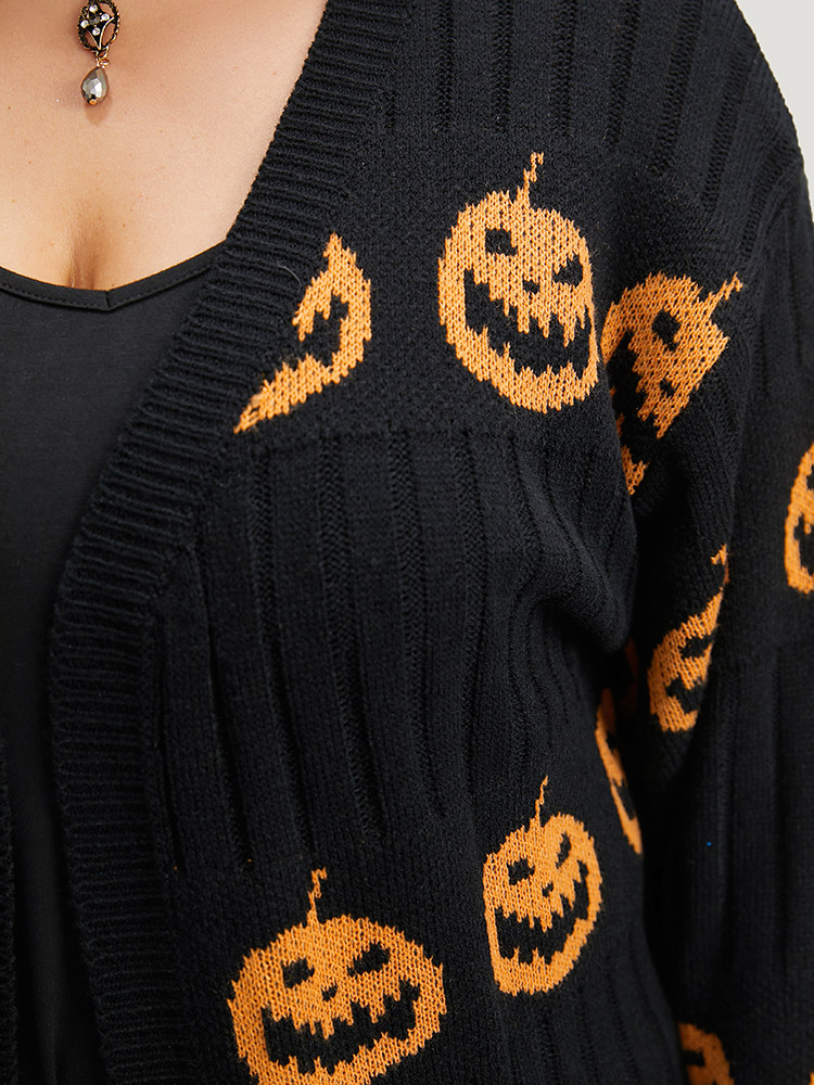 

Plus Size Halloween Pumpkin Graphic Open Front Cardigan Black Women Casual Loose Long Sleeve Festival-Halloween Cardigans BloomChic