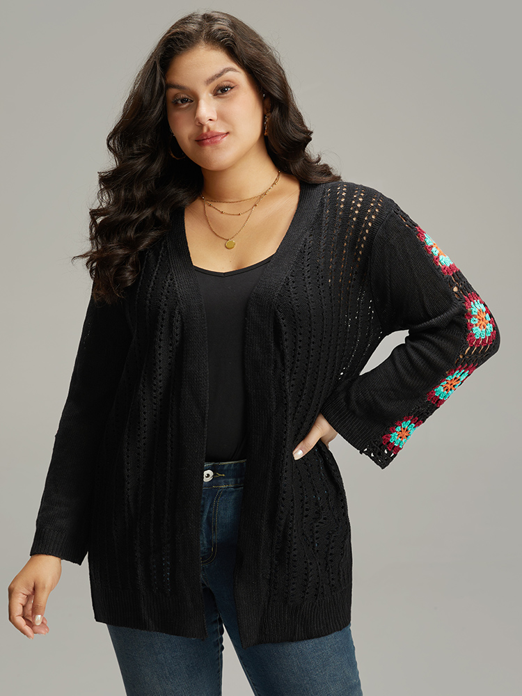 

Plus Size Plain Hollow Out Patchwork Cardigan Black Women Casual Loose Long Sleeve Dailywear Cardigans BloomChic