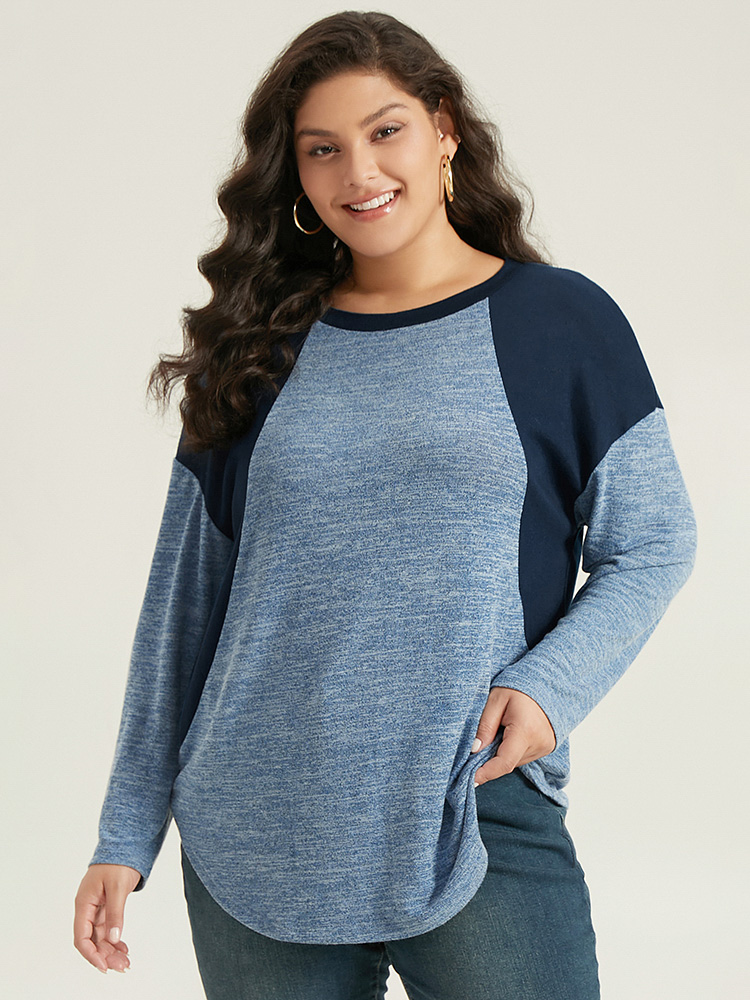 

Plus Size Heather Patchwork Round Neck Curved Hem T-shirt Blue Women Elegant Contrast Plain Round Neck Dailywear T-shirts BloomChic