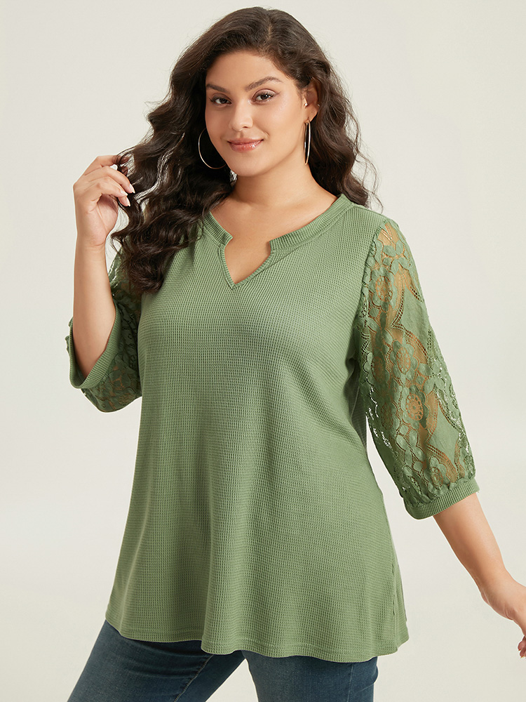 Plus Size Women Dailywear Plain Plain Regular Sleeve Elbow-length sleeve Notched collar Elegant T-shirts BloomChic 