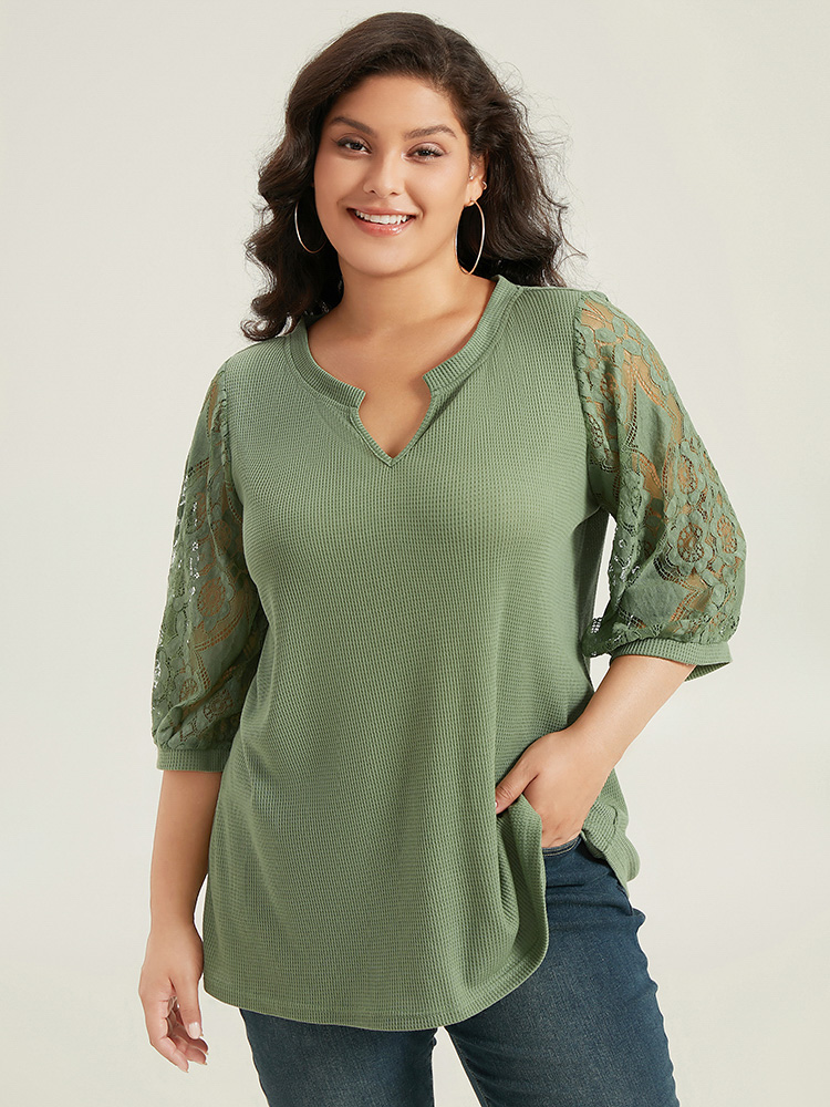 Plus Size Women Dailywear Plain Plain Regular Sleeve Elbow-length sleeve Notched collar Elegant T-shirts BloomChic 