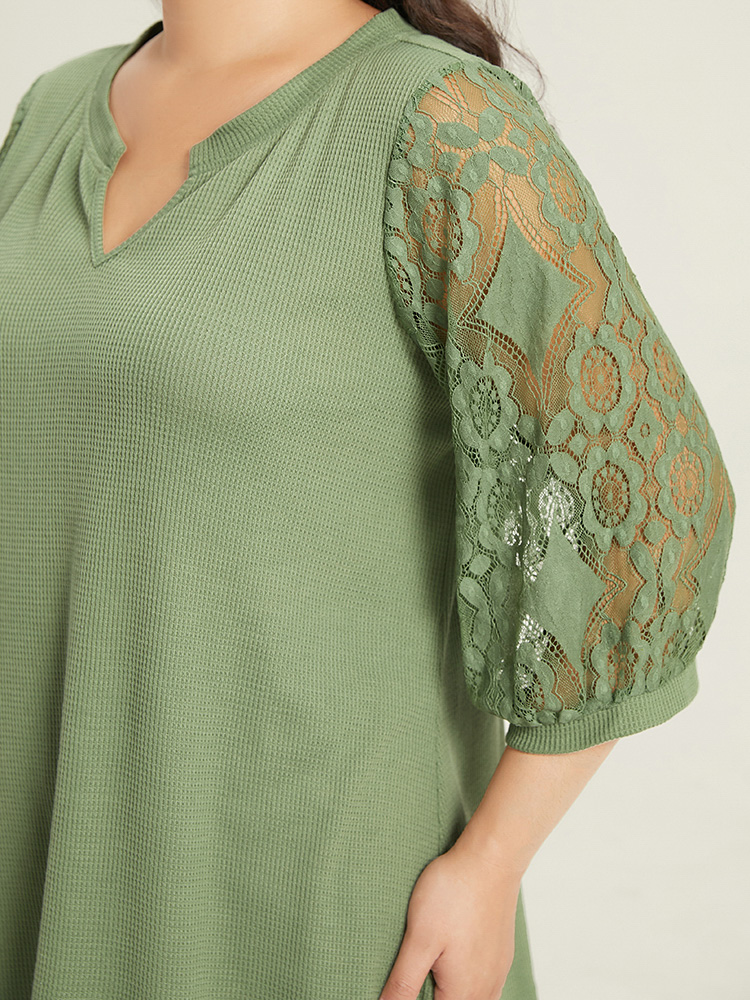 Plus Size Women Dailywear Plain Plain Regular Sleeve Elbow-length sleeve Notched collar Elegant T-shirts BloomChic 