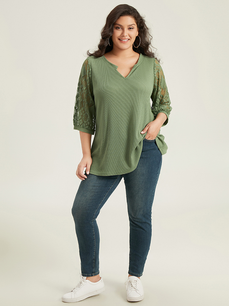 Plus Size Women Dailywear Plain Plain Regular Sleeve Elbow-length sleeve Notched collar Elegant T-shirts BloomChic 
