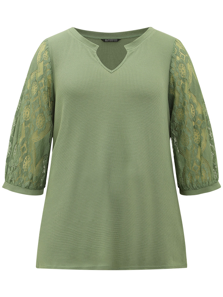 Plus Size Women Dailywear Plain Plain Regular Sleeve Elbow-length sleeve Notched collar Elegant T-shirts BloomChic 
