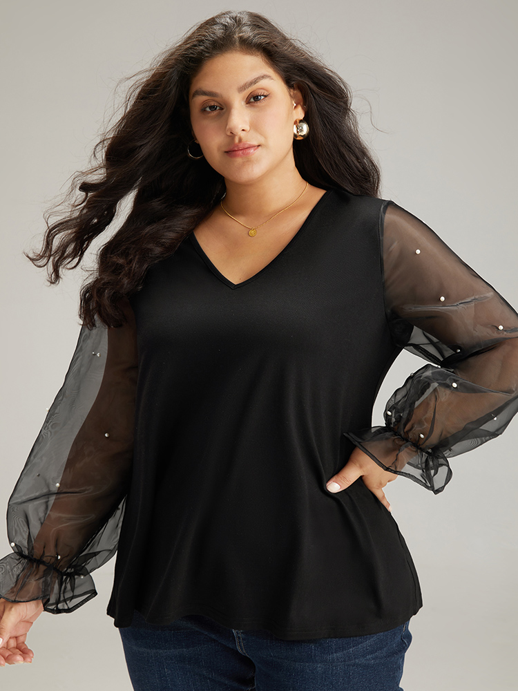 

Plus Size Pearl Beaded Mesh Patchwork T-shirt Black V-neck Long Sleeve Elegant Jersey Tops