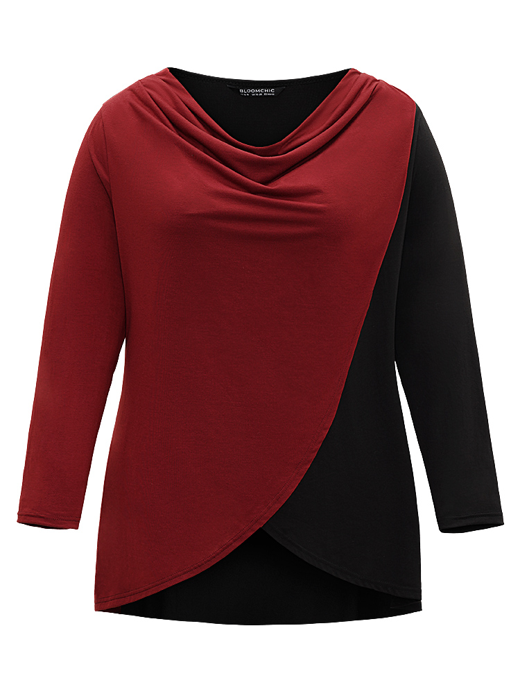 

Plus Size Two Tone Patchwork Cowl Neck T-shirt Black Cowl Neck Short sleeve Elegant Jersey Tops