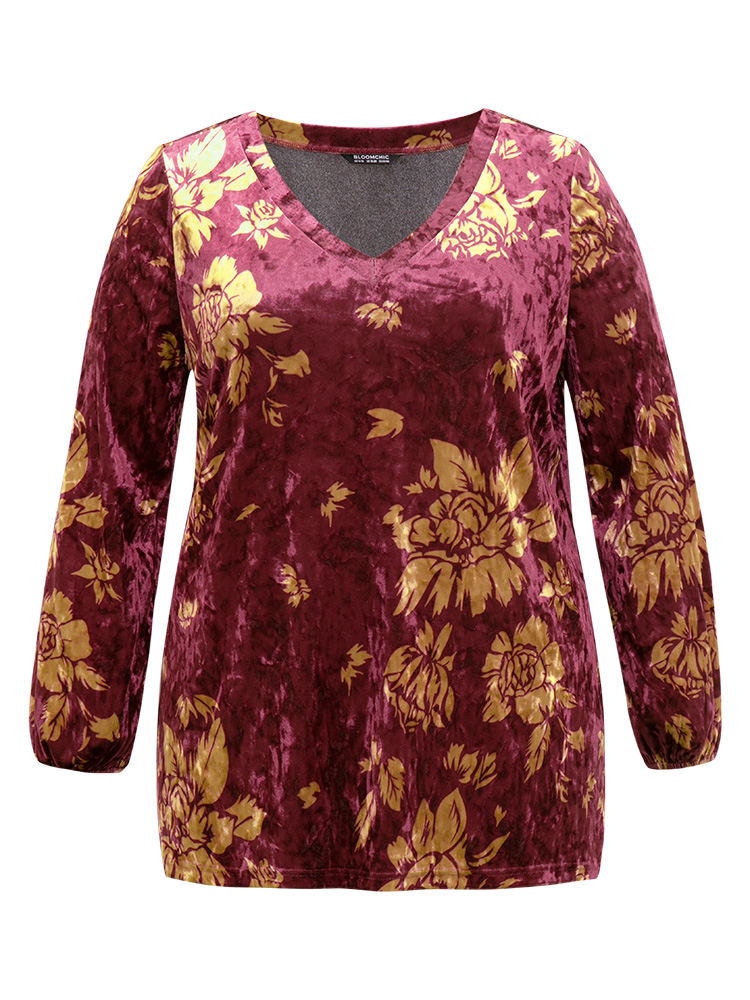 

Plus Size Velvet Silhouette Floral Print Lantern Sleeve T-shirt RedViolet V-neck Long Sleeve Casual Jersey Tops