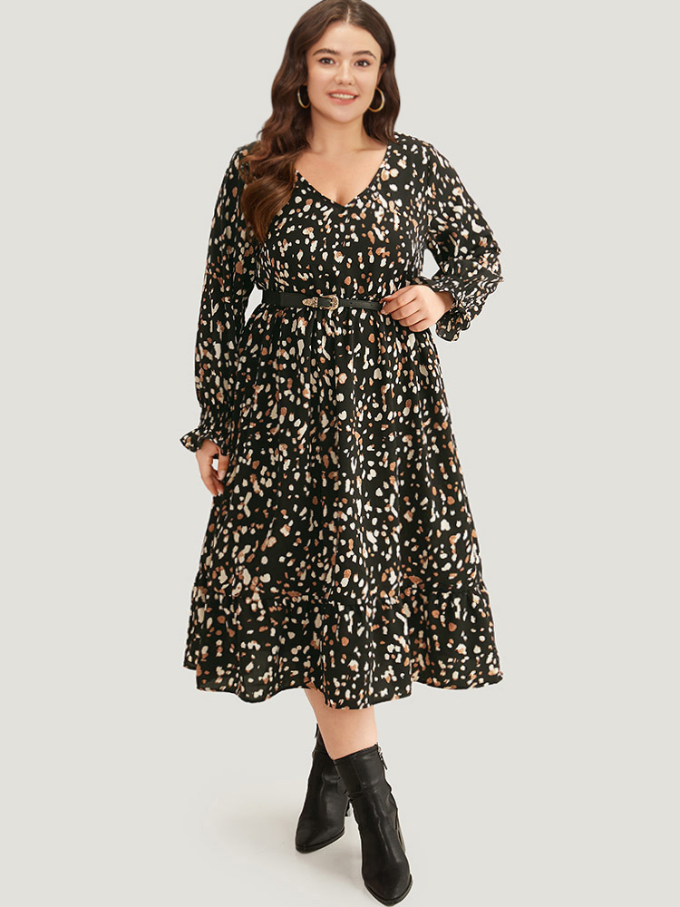 

Plus Size Allover Print Pocket Lantern Sleeve Dress Black Women Elegant Printed V-neck Long Sleeve Curvy Midi Dress BloomChic