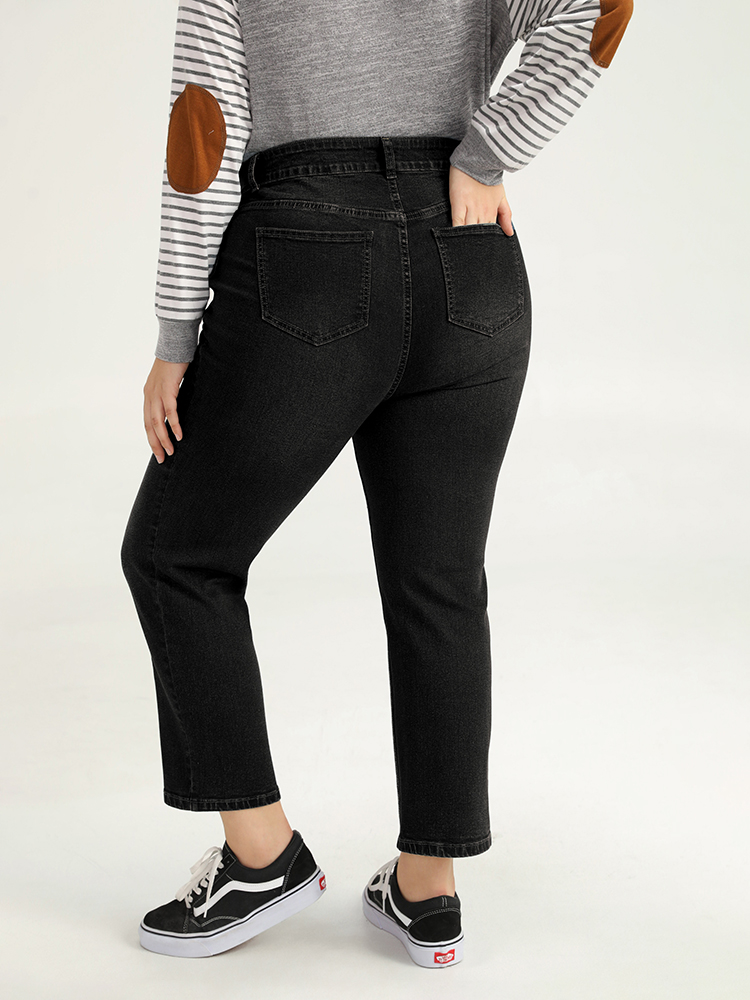 

Plus Size Plain Medium Wash Straight Leg Jeans Women Black Casual Plain Plain High stretch Pocket Jeans BloomChic