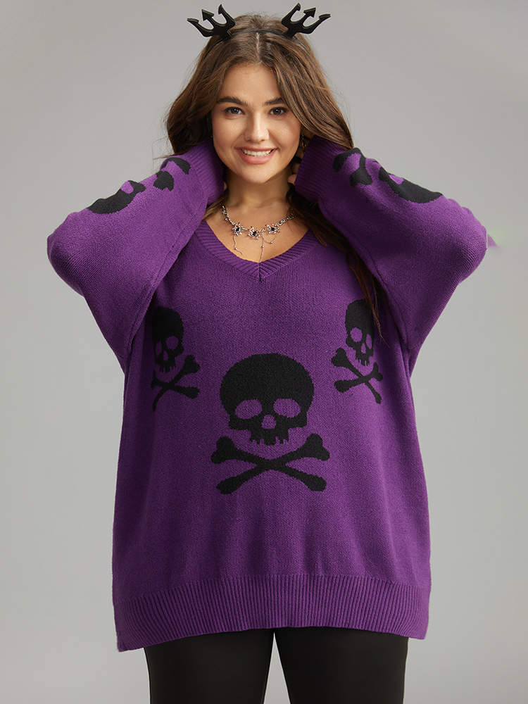 

Plus Size Supersoft Essentials Halloween Skull Print V Neck Pullover Purple Women Casual Long Sleeve V-neck Festival-Halloween Pullovers BloomChic