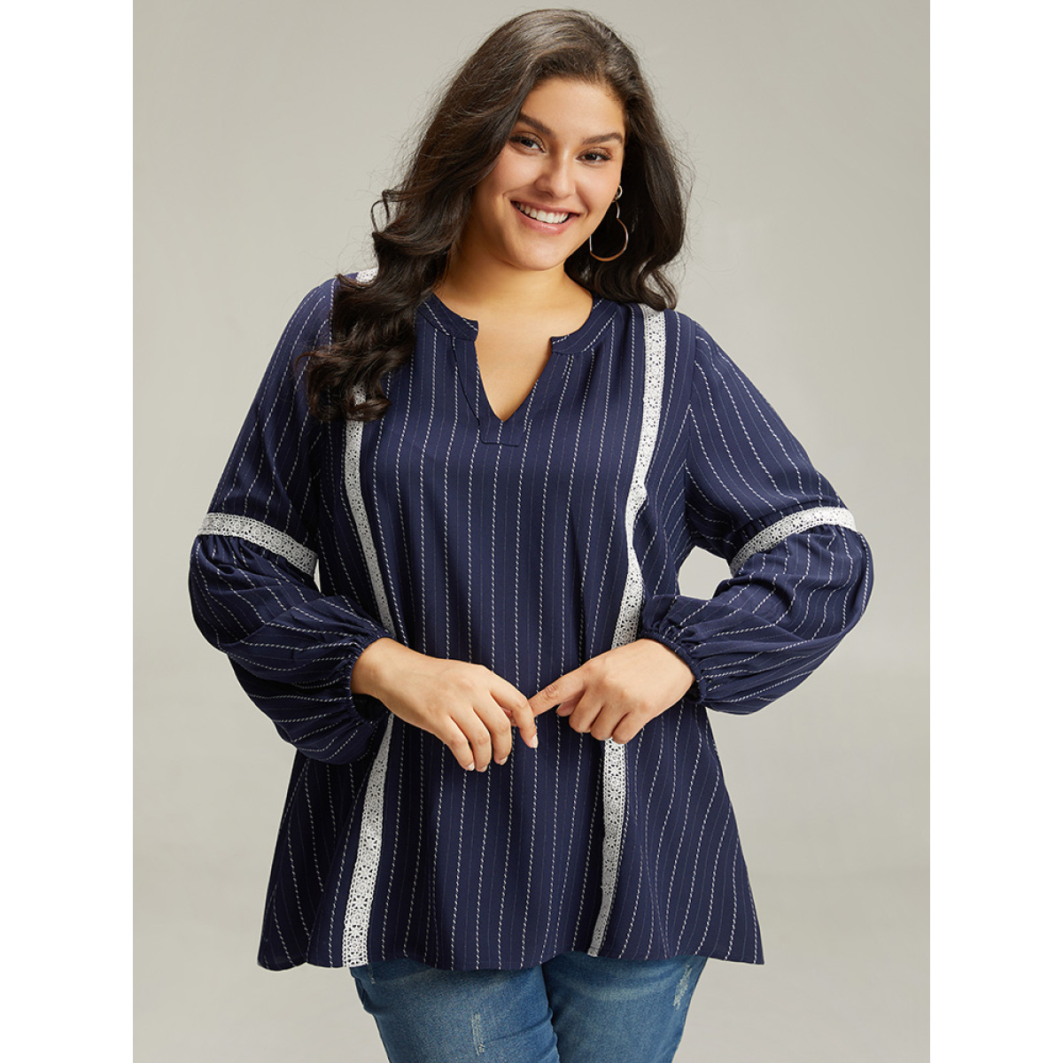 

Plus Size Indigo Striped Guipure Lace Notched Lantern Sleeve Blouse Women Office Long Sleeve Notched collar Work Blouses BloomChic