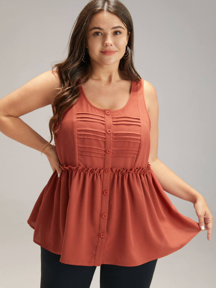 

Plus Size Solid Button Up Pleated Frill Trim Tank Top Women Rust Elegant Plain Open Front Dailywear Tank Tops Camis BloomChic