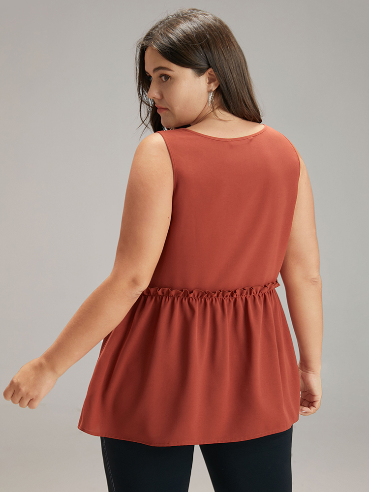 

Plus Size Solid Button Up Pleated Frill Trim Tank Top Women Rust Elegant Plain Open Front Dailywear Tank Tops Camis BloomChic