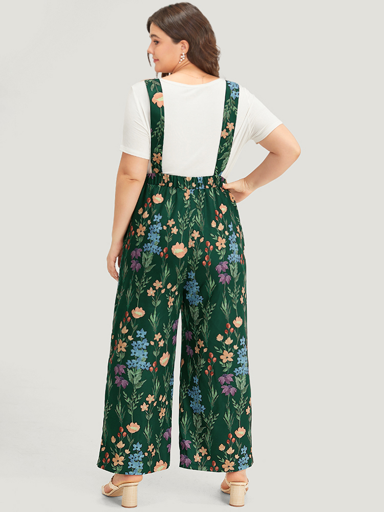 Plus Size DarkGreen Floral Pocket Adjustable Straps Gathered Jumpsuit Women Elegant Sleeveless Spaghetti Strap Dailywear Loose Jumpsuits BloomChic 22-24/3X 