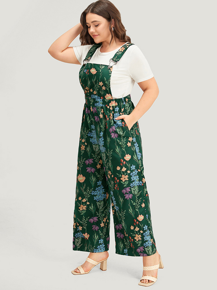 Plus Size DarkGreen Floral Pocket Adjustable Straps Gathered Jumpsuit Women Elegant Sleeveless Spaghetti Strap Dailywear Loose Jumpsuits BloomChic 22-24/3X 