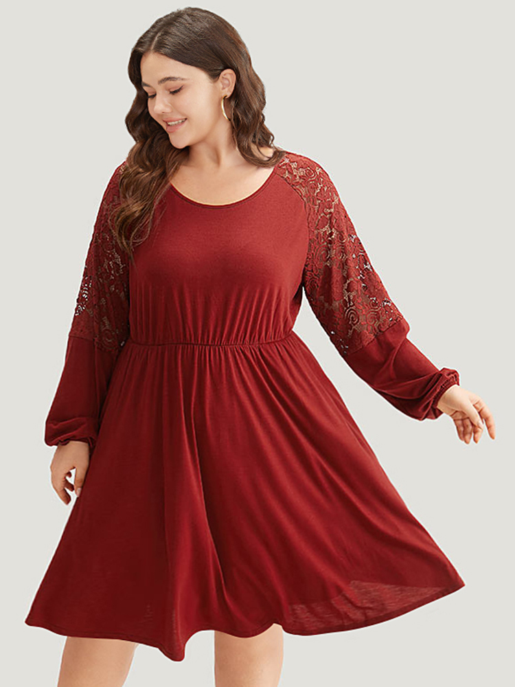 

Plus Size Plain Pocket Lace Panel Lantern Sleeve Dress Scarlet Women Casual Elastic cuffs Round Neck Long Sleeve Curvy Midi Dress BloomChic