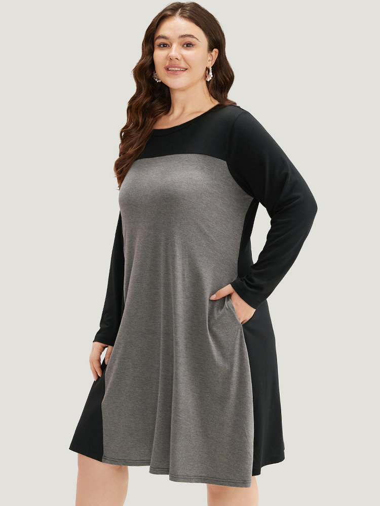 

Plus Size Supersoft Essentials Two Tone Pocket Dress Black Women Casual Patchwork Round Neck Long Sleeve Curvy Knee Dress BloomChic