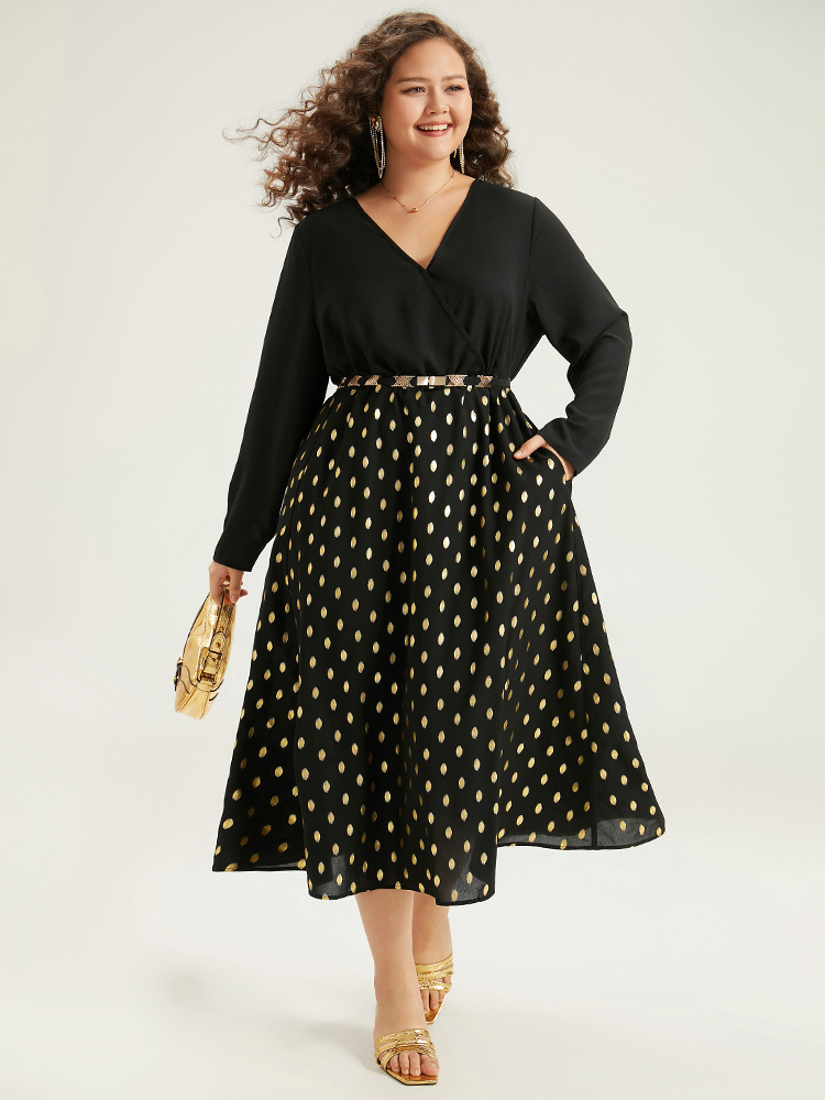 

Plus Size Glitter Polka Dot Pocket V Neck Dress Black Women Glamour Printed V-neck Long Sleeve Curvy Midi Dress BloomChic