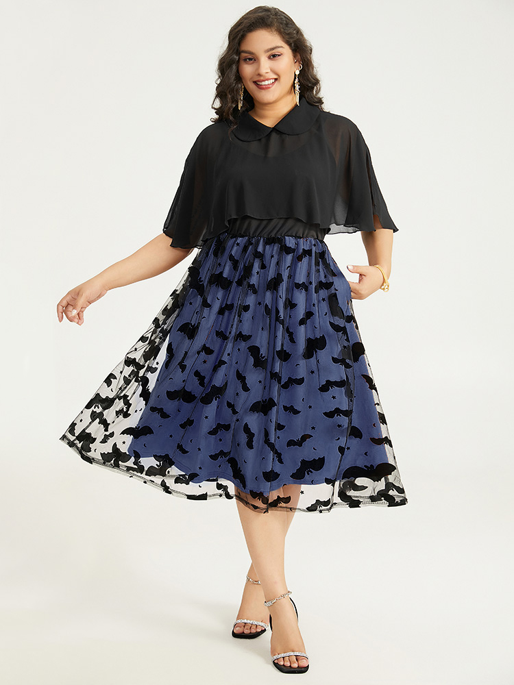 

Plus Size Halloween Bat print Tiered Patchwork Dress DarkBlue Women Elegant Adjustable Straps Lapel Collar Sleeveless Curvy Midi Dress BloomChic