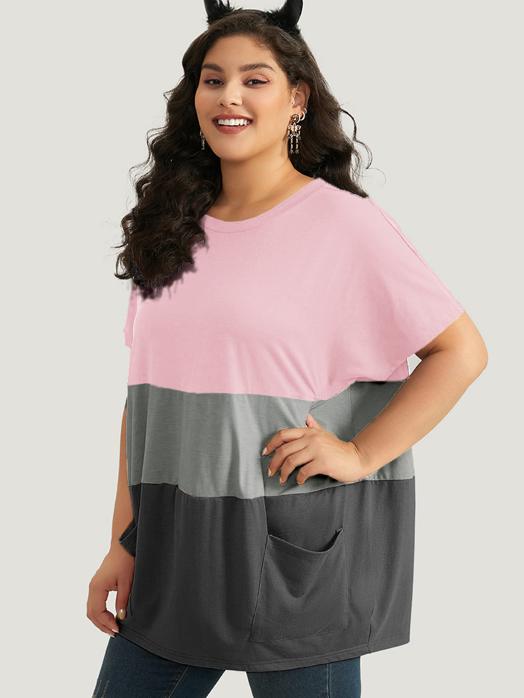 Plus Size Halloween Colorblock Contrast Pocket Crew Neck T-shirt Pink Women Casual Contrast Plain Round Neck Festival-Halloween T-shirts BloomChic 26/4X 