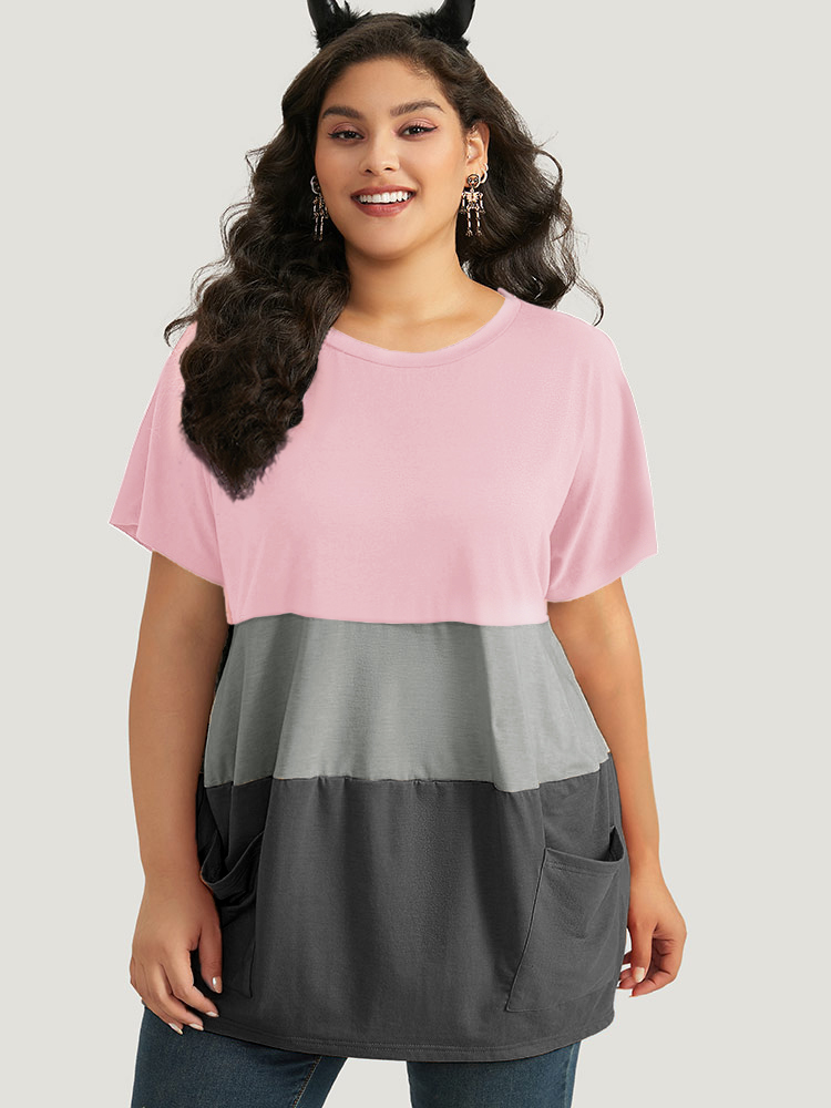 Plus Size Halloween Colorblock Contrast Pocket Crew Neck T-shirt Pink Women Casual Contrast Plain Round Neck Festival-Halloween T-shirts BloomChic 26/4X 