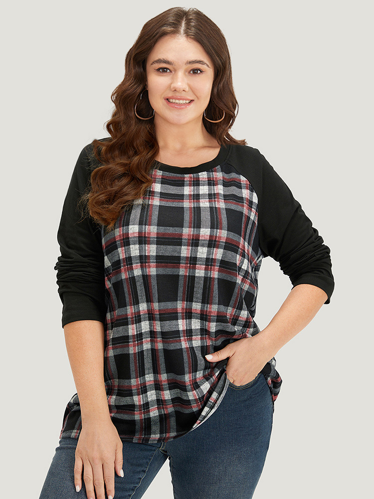 

Plus Size Plaid Raglan Sleeve Crew Neck T-shirt Red Women Casual Patchwork Plaid Round Neck Dailywear T-shirts BloomChic