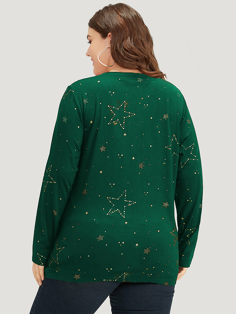 Plus Size Women Festival-Halloween Star and moon Printed Regular Sleeve Long Sleeve V-neck Casual T-shirts BloomChic 