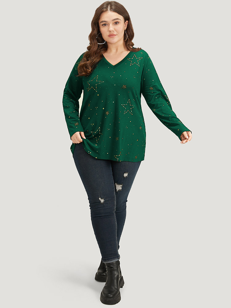 Plus Size Women Festival-Halloween Star and moon Printed Regular Sleeve Long Sleeve V-neck Casual T-shirts BloomChic 