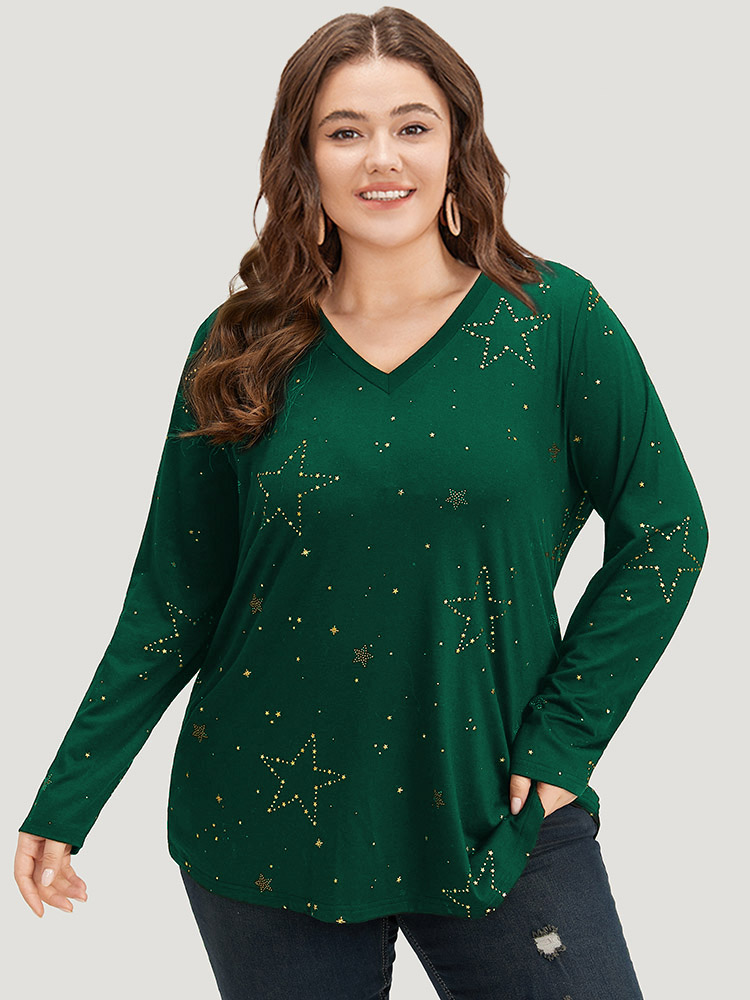 Plus Size Women Festival-Halloween Star and moon Printed Regular Sleeve Long Sleeve V-neck Casual T-shirts BloomChic 
