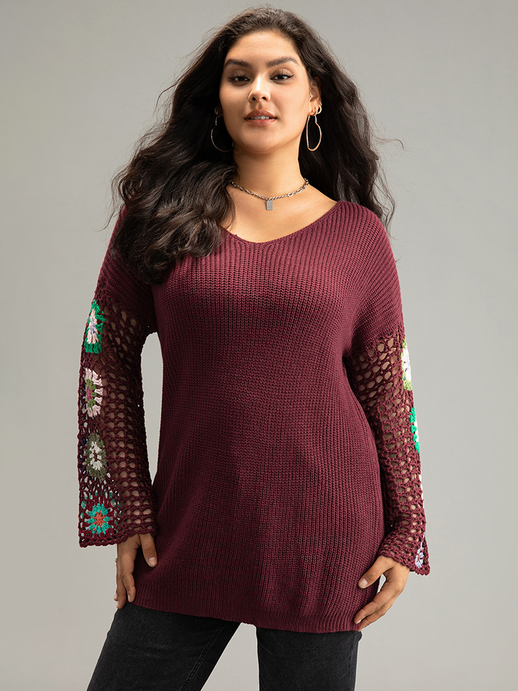 

Plus Size Floral Embroidered Hollow Out Pullover Burgundy Women Casual Long Sleeve V-neck Everyday Pullovers BloomChic