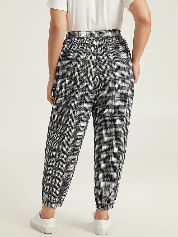 

Houndstooth Ties Elastic Waist Sweatpants Black Plus Size Women Casual Dailywear Cross straps  Bloomchic