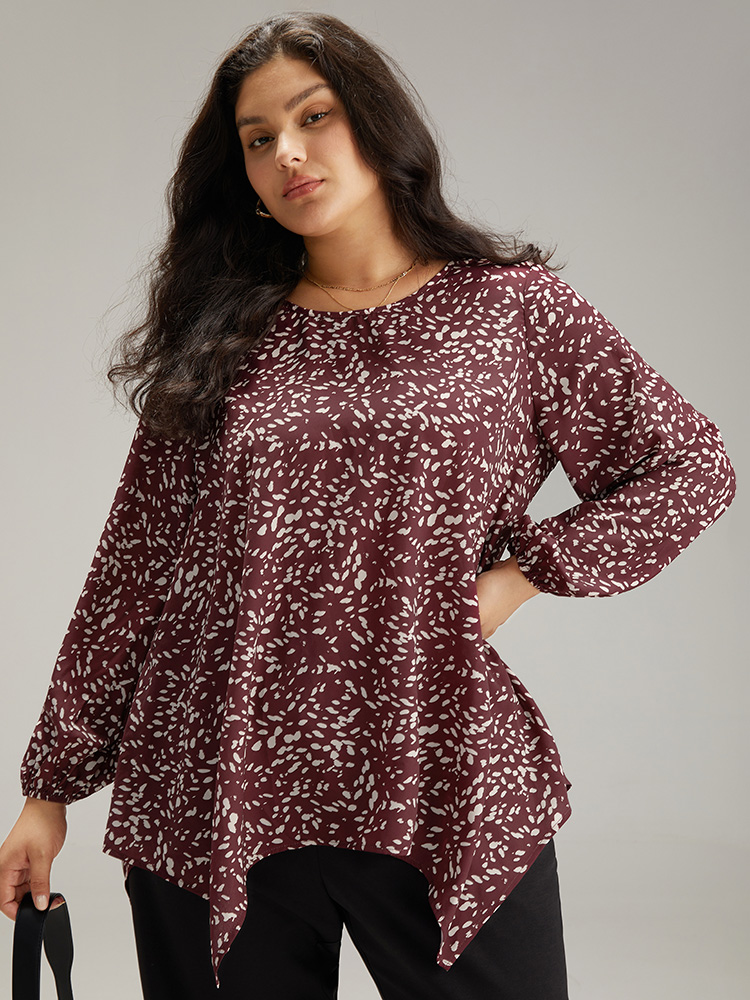 Plus Size Women Work Leopard Elastic cuffs Lantern Sleeve Long Sleeve Round Neck Office Blouses BloomChic 