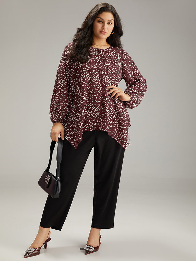 Plus Size Women Work Leopard Elastic cuffs Lantern Sleeve Long Sleeve Round Neck Office Blouses BloomChic 
