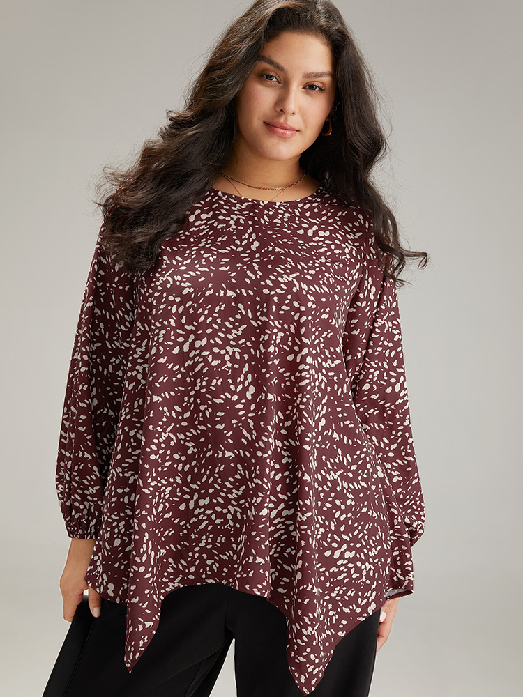 Plus Size Women Work Leopard Elastic cuffs Lantern Sleeve Long Sleeve Round Neck Office Blouses BloomChic 
