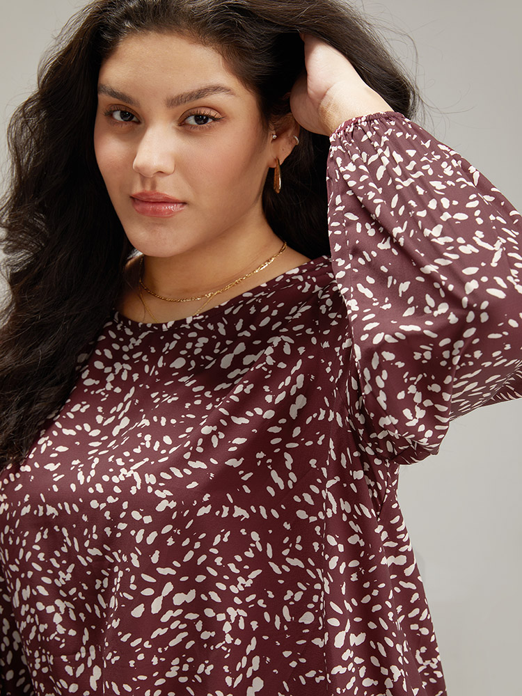 Plus Size Women Work Leopard Elastic cuffs Lantern Sleeve Long Sleeve Round Neck Office Blouses BloomChic 