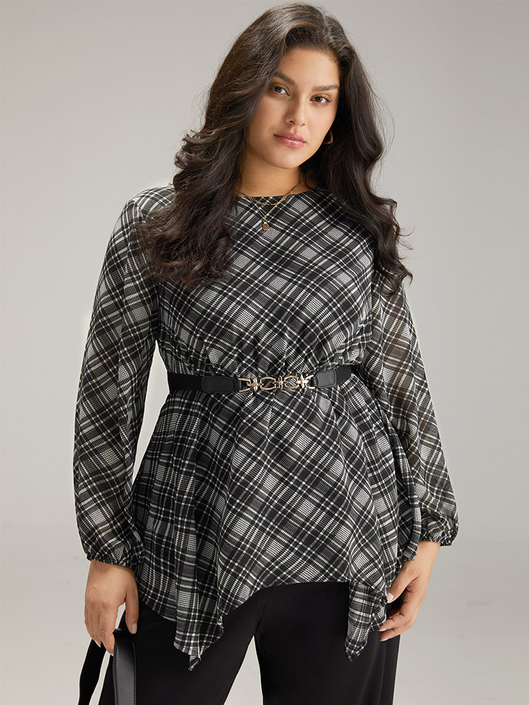 

Plus Size Black Plaid Chiffon Lantern Sleeve Hanky Hem Blouse Women Office Long Sleeve Round Neck Work Blouses BloomChic