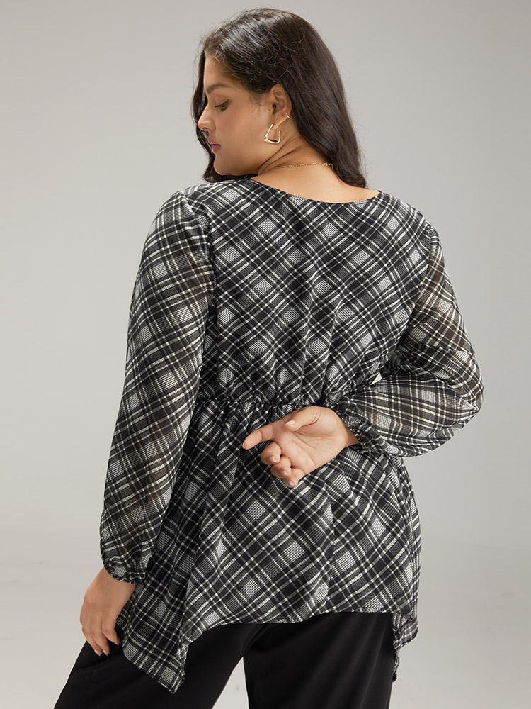 Plus Size Black Plaid Chiffon Lantern Sleeve Hanky Hem Blouse Women Office Long Sleeve Round Neck Work Blouses BloomChic 14-16/1X 