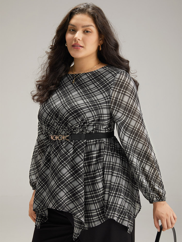 

Plus Size Black Plaid Chiffon Lantern Sleeve Hanky Hem Blouse Women Office Long Sleeve Round Neck Work Blouses BloomChic