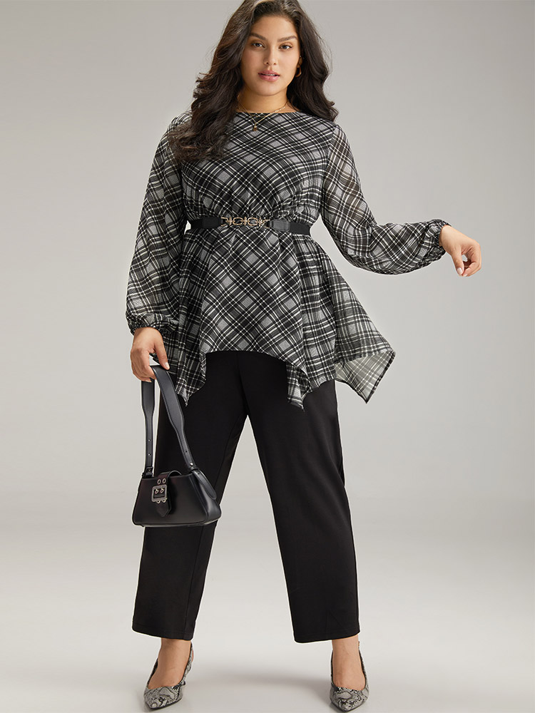Plus Size Black Plaid Chiffon Lantern Sleeve Hanky Hem Blouse Women Office Long Sleeve Round Neck Work Blouses BloomChic 14-16/1X 