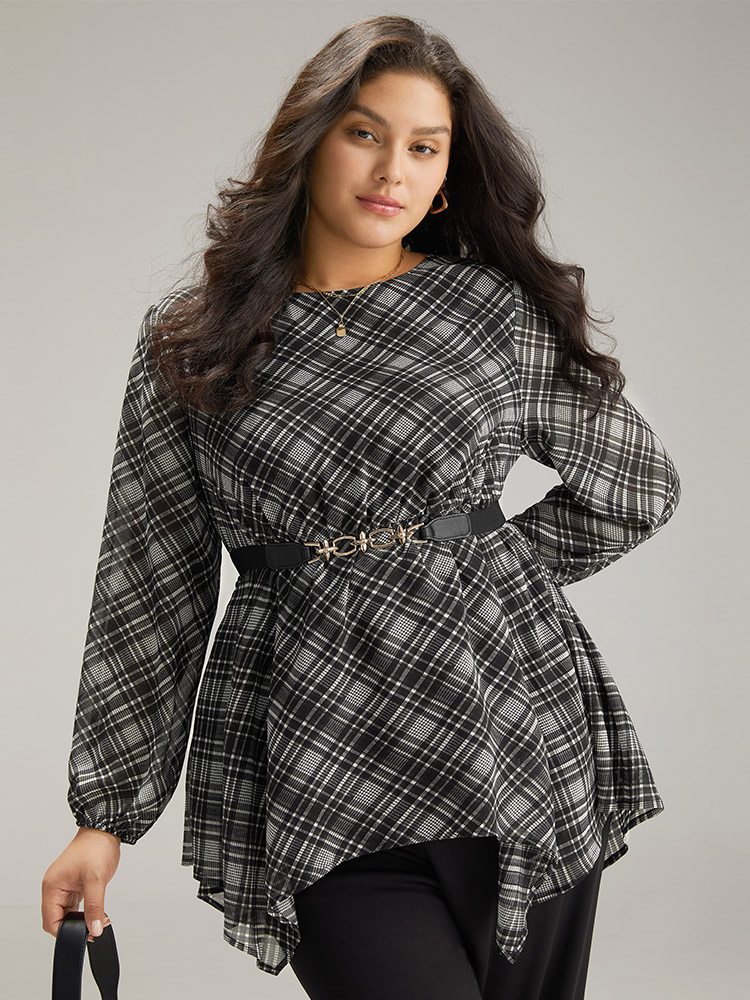 Plus Size Black Plaid Chiffon Lantern Sleeve Hanky Hem Blouse Women Office Long Sleeve Round Neck Work Blouses BloomChic 14-16/1X 