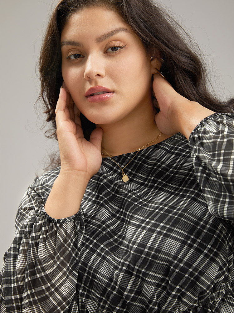 Plus Size Black Plaid Chiffon Lantern Sleeve Hanky Hem Blouse Women Office Long Sleeve Round Neck Work Blouses BloomChic 14-16/1X 