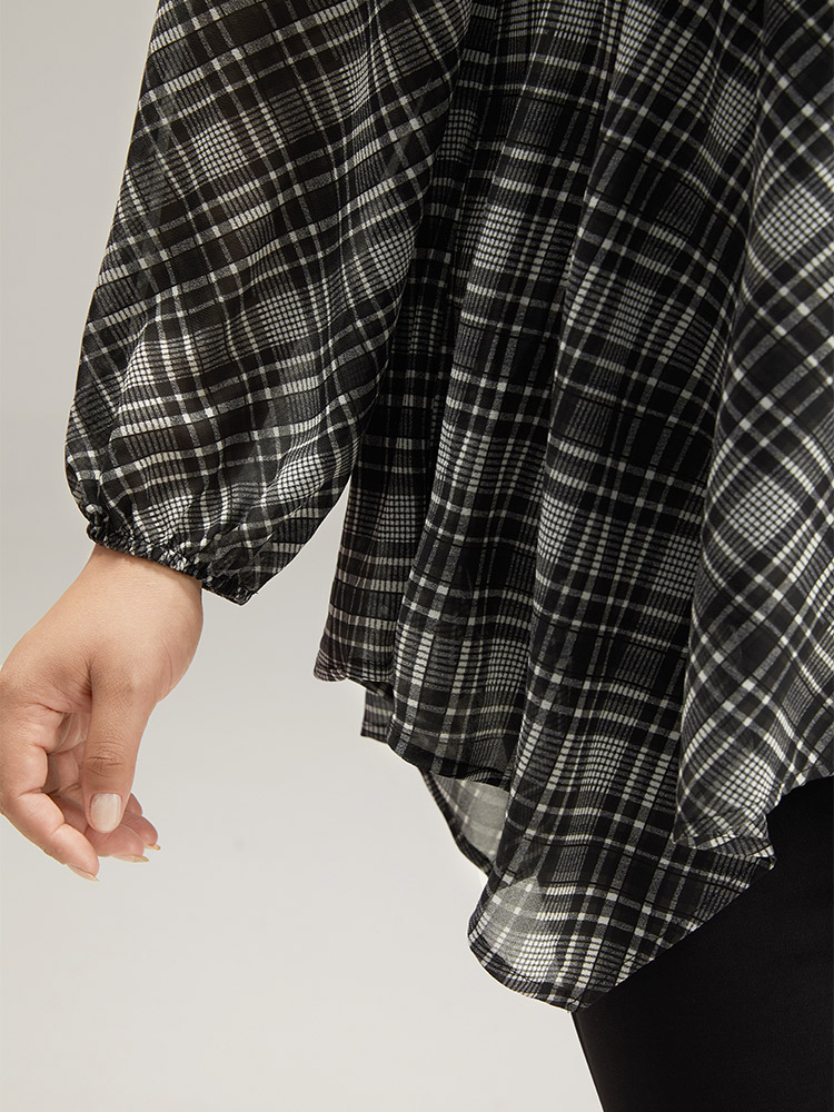 Plus Size Black Plaid Chiffon Lantern Sleeve Hanky Hem Blouse Women Office Long Sleeve Round Neck Work Blouses BloomChic 14-16/1X 