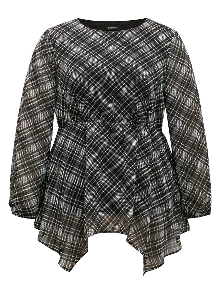 Plus Size Black Plaid Chiffon Lantern Sleeve Hanky Hem Blouse Women Office Long Sleeve Round Neck Work Blouses BloomChic 14-16/1X 