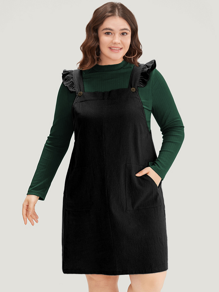 

Plus Size Solid Square Neck Button Up Pocket Ruffle Trim Cami Dress Black Women Casual Plain Spaghetti Strap Sleeveless Curvy Knee Dress BloomChic