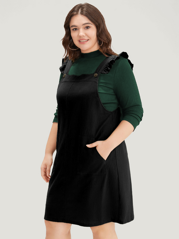 

Plus Size Solid Square Neck Button Up Pocket Ruffle Trim Cami Dress Black Women Casual Plain Spaghetti Strap Sleeveless Curvy Knee Dress BloomChic